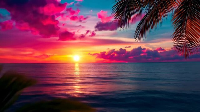 A vibrant sunset over a tranquil ocean, featuring colorful clouds and palm leaves, creating a serene tropical atmosphere.