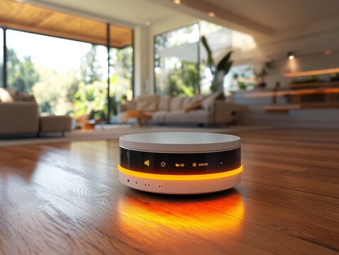 Smart Home Device Displayed on Modern Hardwood Flooring in a Bright and Airy Contemporary Living Room with Natural Light