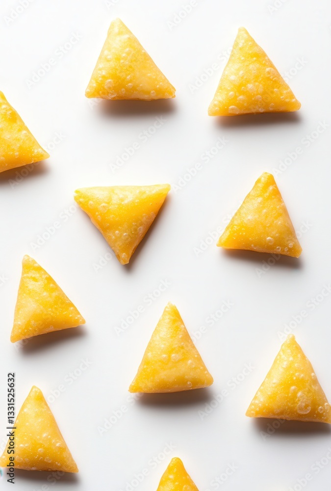 Poster vibrant yellow triangular candies arranged in a playful pattern on a white background, showcasing th