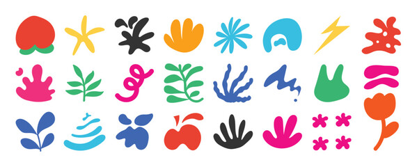 Set of abstract organic shapes vector. Collection of contemporary figure, cloud, flower, sparkle, geometric shape in funky groovy. Cute hippie design element perfect for banner, print, stickers.