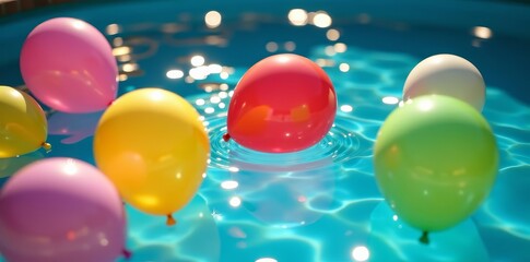 Colorful happy birthday balloons floating in pool, celebration, balloons