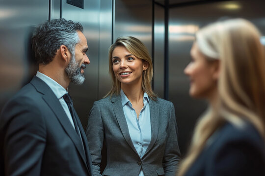 Business professionals engaging in conversation within a modern elevator, embodying professionalism and collaboration. The polished metal walls of the elevator frame the interacting individuals.