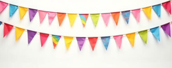 Colorful collection of party flags hanging on strings against white background, bunting, event
