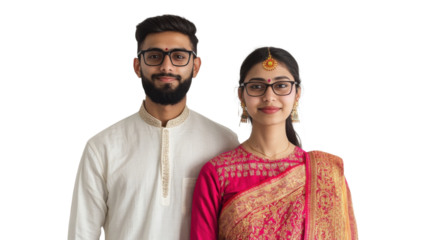 Young couple in traditional attire during a festive celebration with a joyful atmosphere