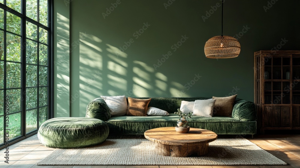 Aufkleber this living room features a lush, green color palette complemented by a soft sofa and a round wooden