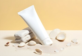 Sunscreen in white plastic tube. Studio photo shoot with sand, shells and white stones. Sand-colored environment. Sunscreen with UVA and UVB protection. Summer atmosphere. Landscape format.