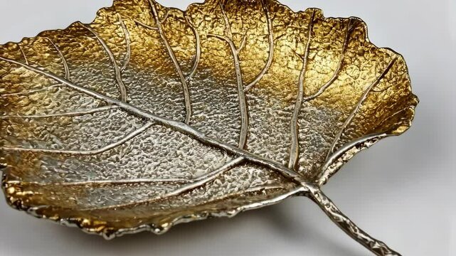 Decorative leaf-shaped dish crafted from metal with a gold finish and intricate detailing alluringly displayed on a neutral surface
