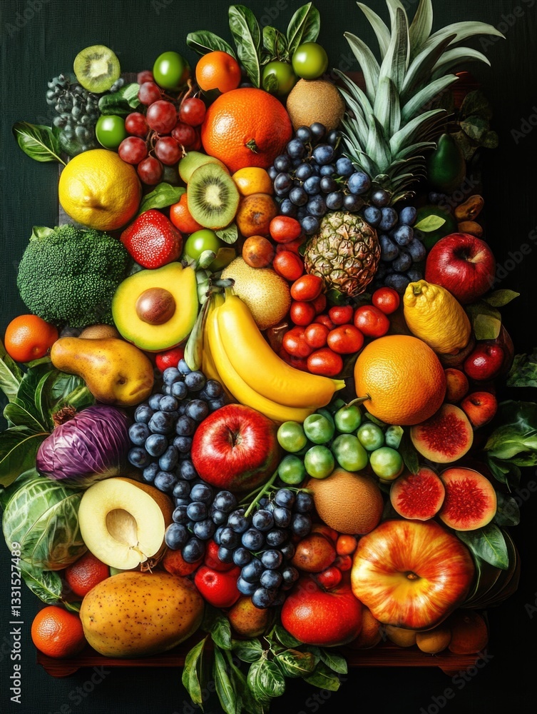 Poster a colorful arrangement of various fruits and vegetables on display