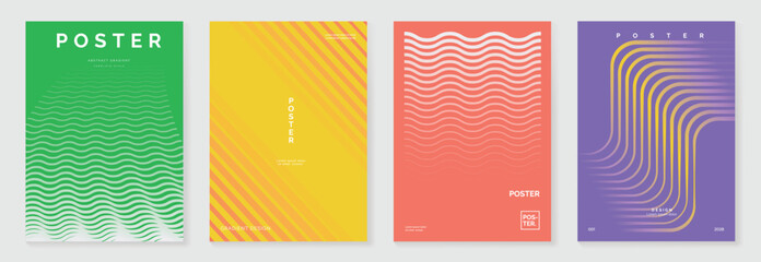 Abstract line sport poster background vector set. Minimalist cover template with vibrant perspective line wave in motion. Ideal design for social media, cover, banner, flyer, ads.