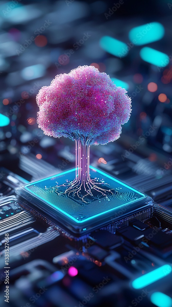Poster a dreamlike ai-generated utopia where organic structures blend seamlessly with digital elements, iri