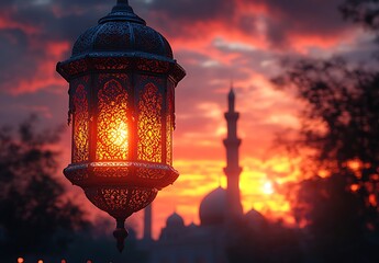 Glowing Decorative Lantern with Mosque Silhouette at Sunset