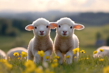 Fototapeta premium two baby lambs playing in the green field,