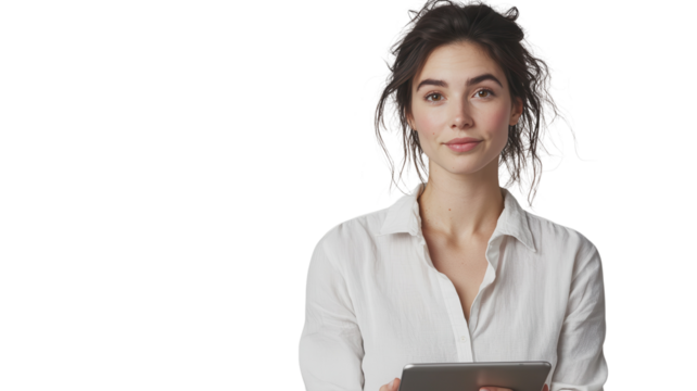 Young woman in a white shirt holding a tablet with a neutral expression in a bright, minimalist studio setting