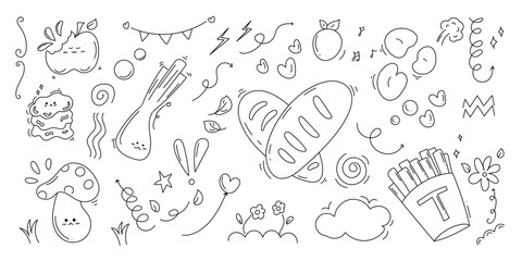 Set of cute pen line doodle element vector. Hand drawn doodle collection of speech bubble, mushroom, apple, french fries, bread, arrow. Design for decoration, sticker, idol poster, social media.