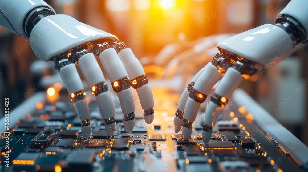 Poster close up of two robotic hands interacting with a circuit board, illuminated with warm, golden light.