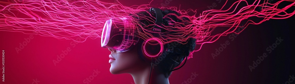 Poster a surreal digital reality where the sky is a living canvas of glowing data streams, massive cyber tr