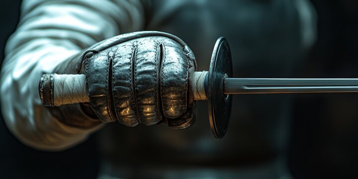 Fencer holding foil grip, wearing protective gear, ready for competition or training