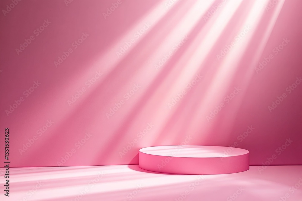 Poster soft pink stage with rays of light illuminating circular platform in minimalist setting during dayti
