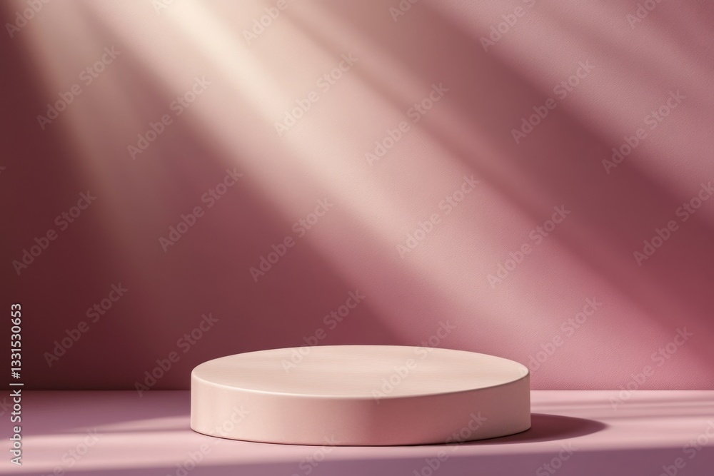 Poster Light and shadow create a serene atmosphere on a pastel-colored display platform during daylight hours