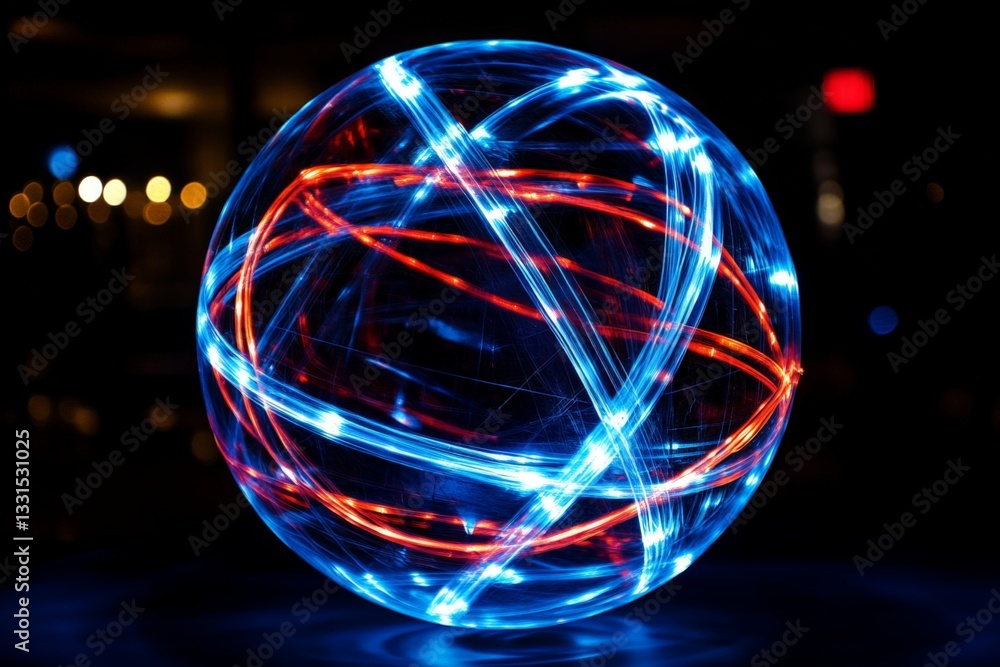 Poster Vibrant light trails create a mesmerizing spherical pattern during an evening light display in the city