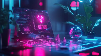 Neon Pink and Blue Futuristic Tech Workspace with Holographic Globe and Data Visualization on Laptop Screen