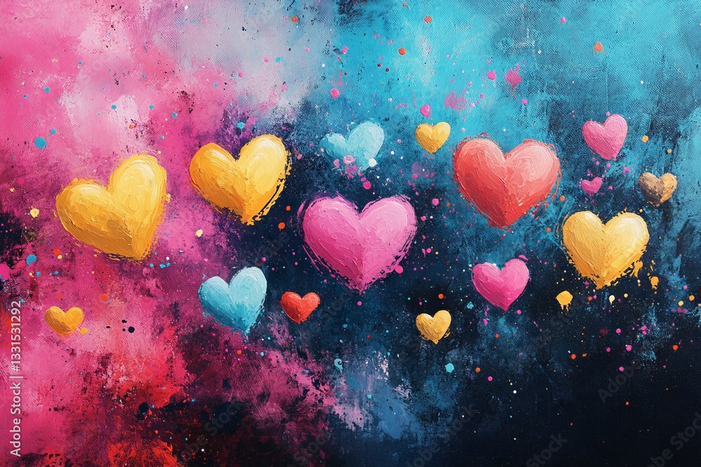 Aufkleber colorful hearts floating in a vibrant abstract background with splashes of paint