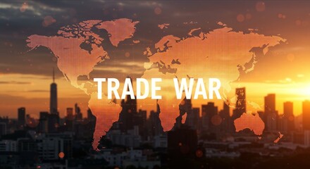 "TRADE WAR" over world map with city skyline at sunset.