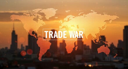 "TRADE WAR" over world map with city skyline at sunset.