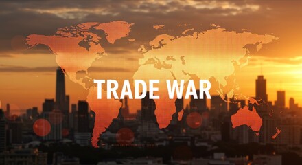 "TRADE WAR" over world map with city skyline at sunset.
