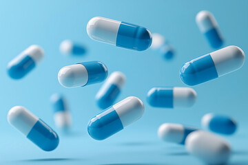 Falling blue and white medical pills on a light blue background