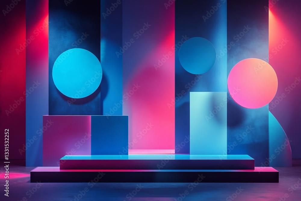 Aufkleber Colorful abstract geometry installation with illuminated shapes and vibrant lighting effects in a modern space