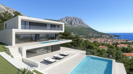 Fototapeta premium Modern White Villa with Infinity Pool Overlooking the Sea