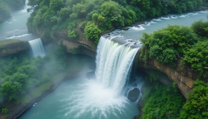 Naklejka premium A beautiful green waterfall cascades over mossy rocks, flowing through a lush forest landscape