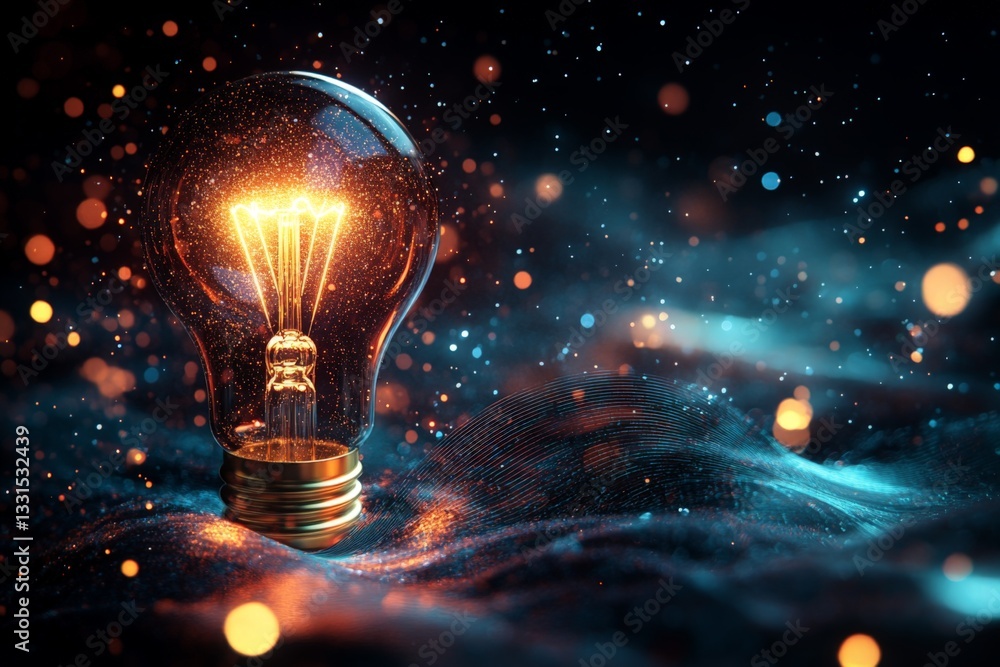 Fototapete light bulb illuminating dark waves with glowing particles in a surreal setting