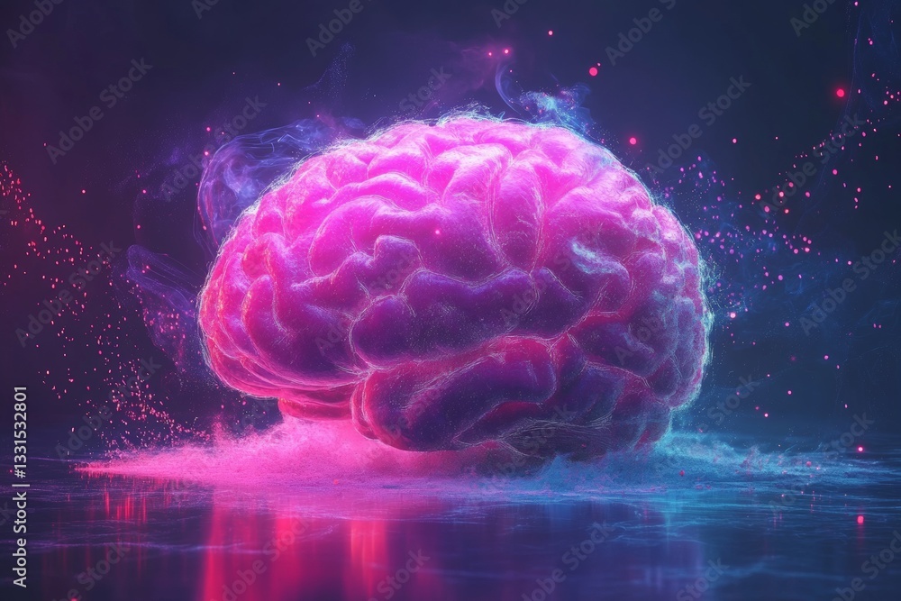 Poster vibrant neon brain illustration with colorful light effects in a dark space setting