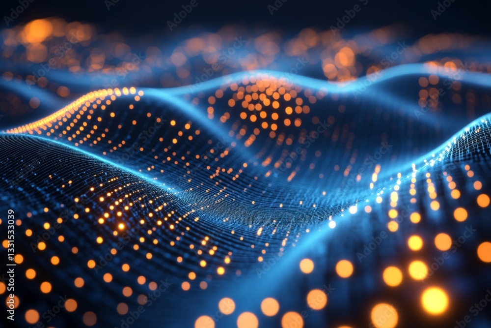 Aufkleber interactive digital landscape showcasing vibrant blue and orange light patterns flowing over a dark 