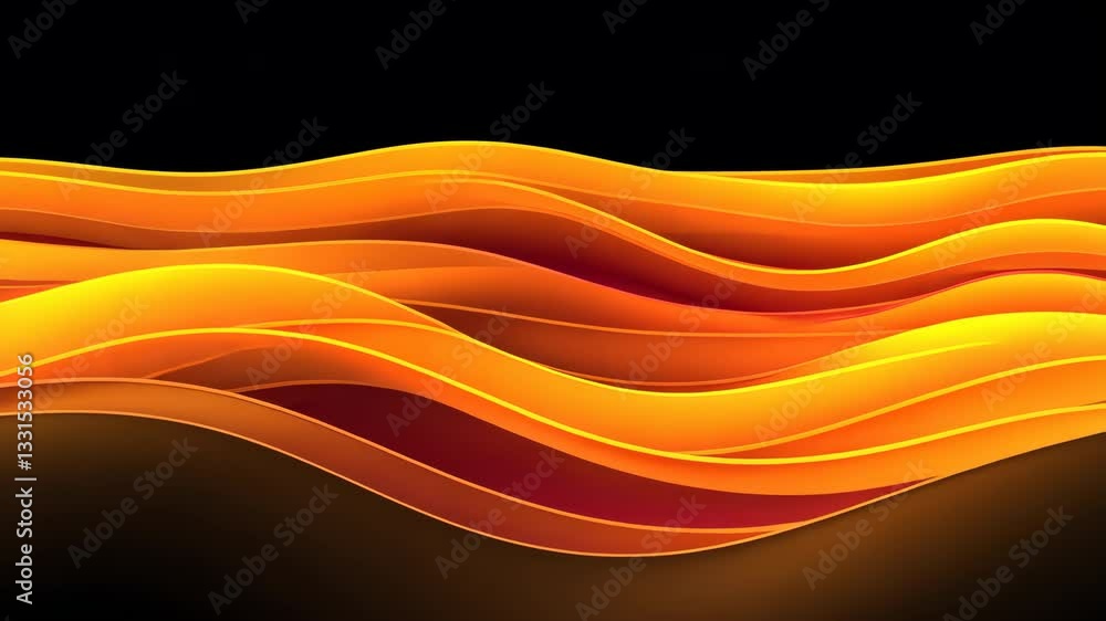 Poster vibrant abstract design featuring flowing orange and yellow waves against black background, creating