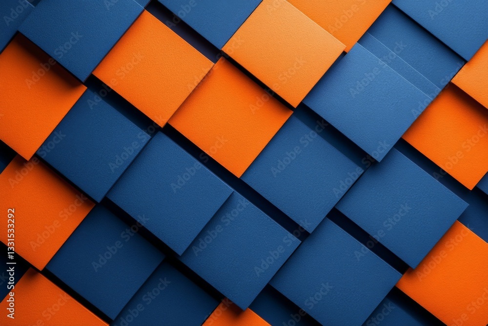 Poster Colorful geometric pattern featuring blue and orange squares arranged in a dynamic way on a textured surface