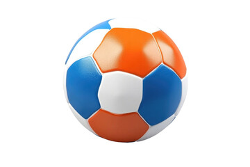 Obraz premium A vibrant soccer ball rests on a plain background, showcasing an eye-catching pattern of orange, blue, and white segments, perfect for outdoor games and practice sessions