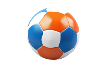 A vibrant soccer ball rests on a plain background, showcasing an eye-catching pattern of orange, blue, and white segments, perfect for outdoor games and practice sessions