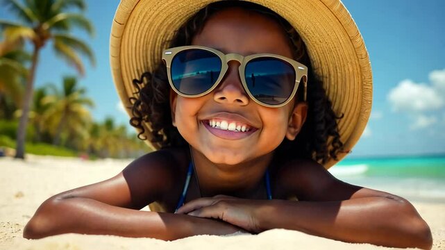 A happy African-American girl wearing sunglasses and a sunhat lies on a sunny beach.
Concept of: Childhood summer vacation.