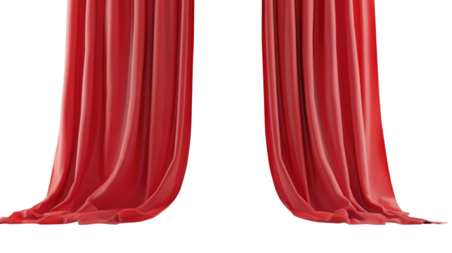 Rich red curtains cascade down, adding a touch of elegance and drama to a stage or interior space. Their smooth texture invites a sense of anticipation and grandeur