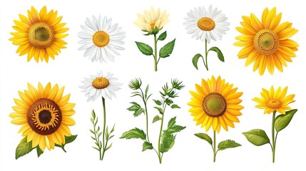 Colorful Collection of Flowers Isolated on White Background