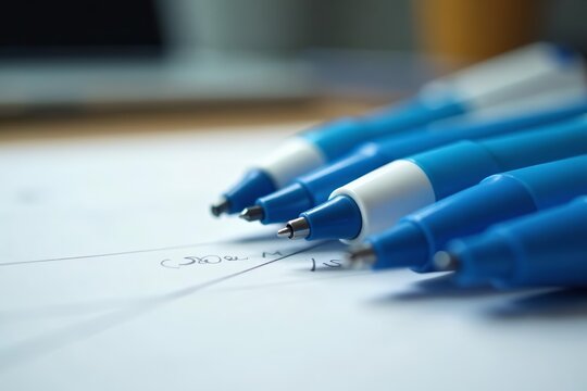 A collection of blue and white pens with caps on a desk, writing tools, blue and white