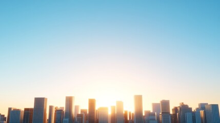 City skyline at sunrise. Buildings line the horizon under a clear blue sky