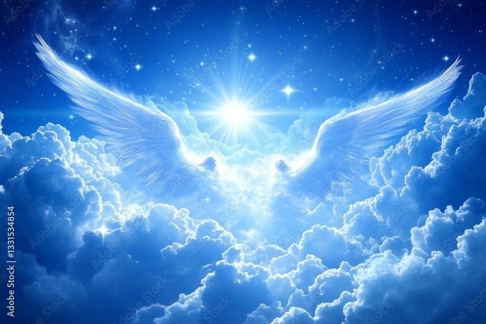 Poster ethereal wings soar through a celestial sky filled with bright light and fluffy clouds during a sere