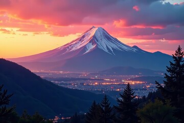 Mountain landscape blended with city skyline at sunset, urban, double exposure