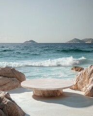 A round, white marble table sits on a sandy beach with large rocks and a blue ocean with crashing waves in the background