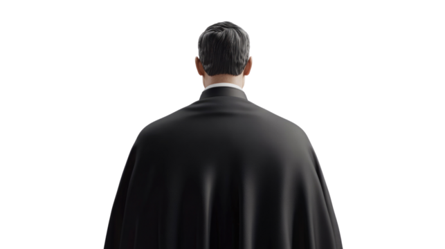A man stands with his back to the viewer, draped in a flowing black cape. His hair is neatly styled, and the simplicity of the white background enhances his enigmatic aura