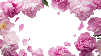 Vibrant pink peonies bloom elegantly, framing a clean white space. Scattered petals add a touch of softness, enhancing the floral beauty. Perfect for spring themes and celebrations